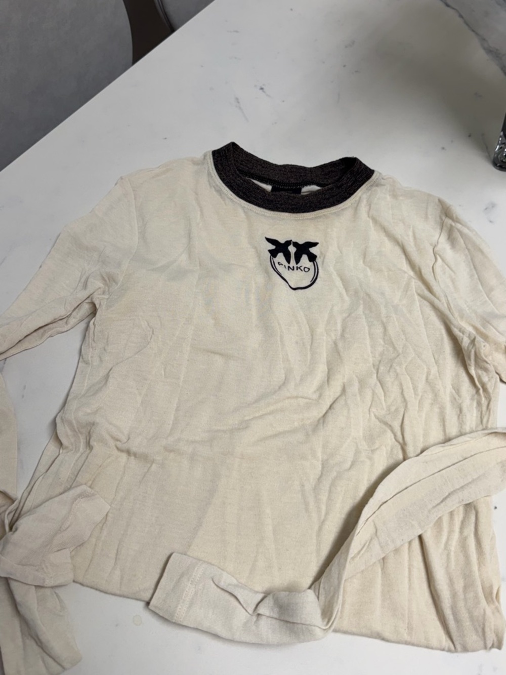 Pinko Cream Long Sleeve Tee with Dark Trim